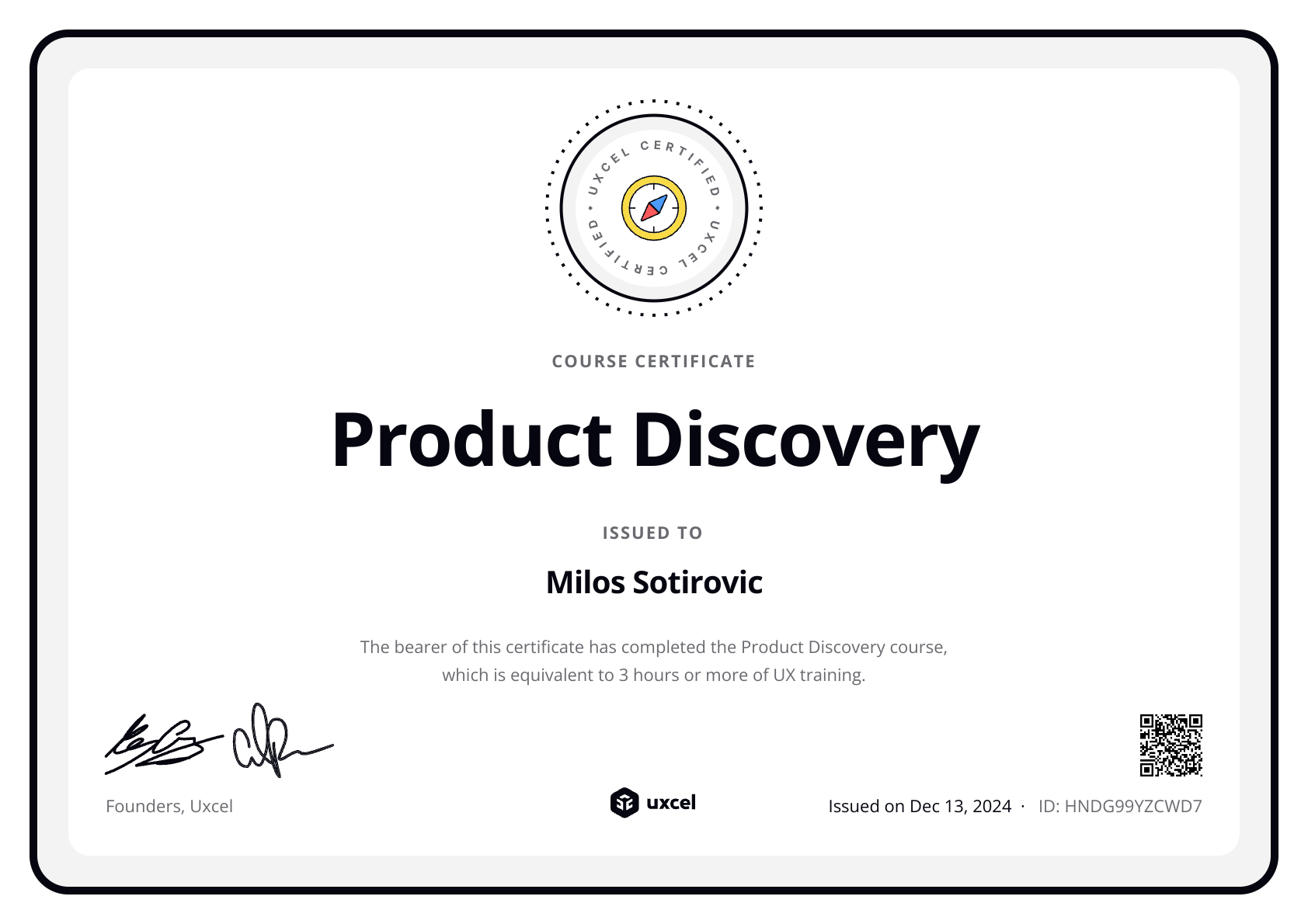 Milos Sotirovic's certificate